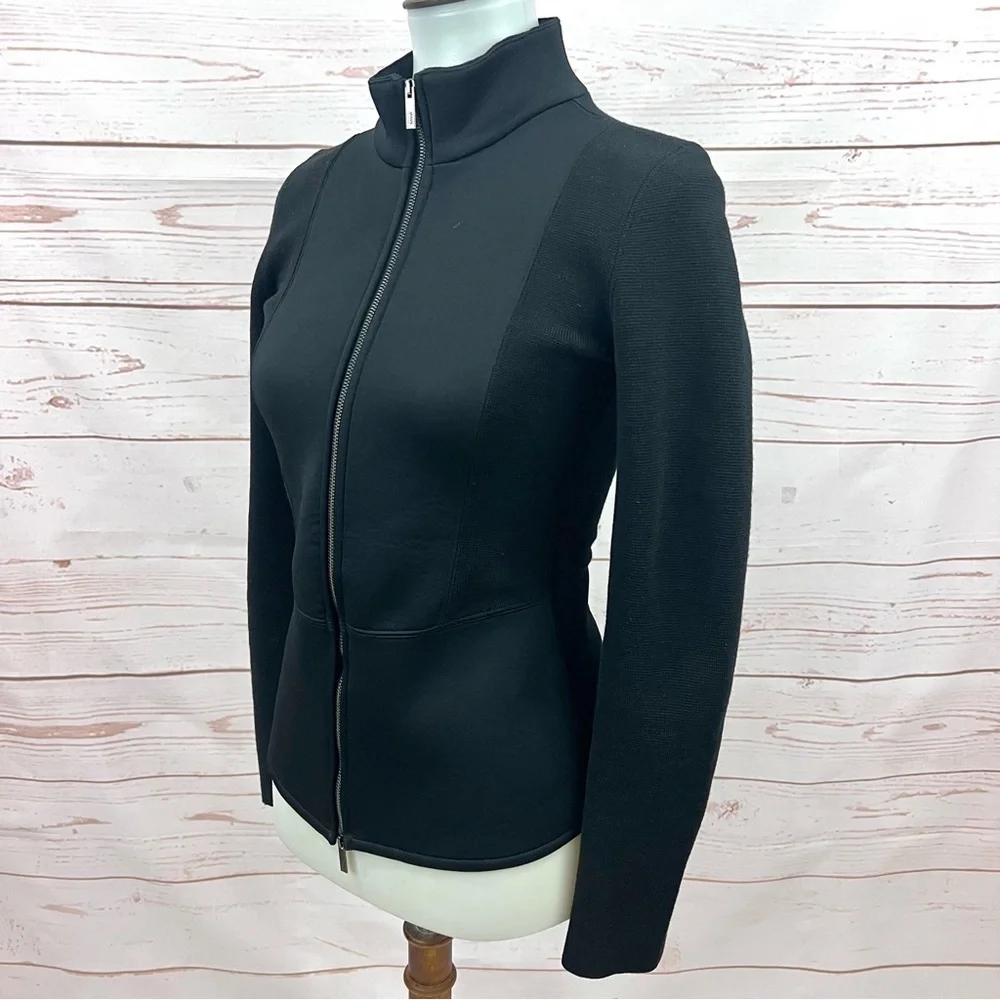 Giorgio Armani Collezioni Scuba Neoprene Inset Peplum Zip Wool Sweater Jacket